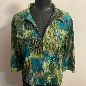 N Touch Green/Blue embellished zip front 3/4 sleeves jacket, size 12